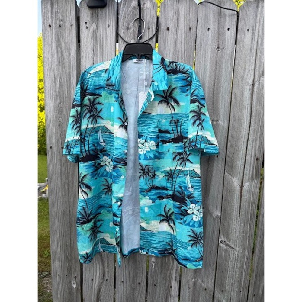 COOFANDY Mens Hawaiian Shirt Turquoise Tropical Palm Tree Button Down XL NEW